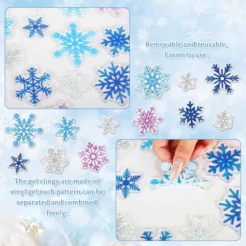 Whaline 30Pcs Winter Thick Gel Clings Christmas Blue Purple Silver Snowflake Window Gel Decals Cute Reusable Xmas Winter Window Clings for Home Classroom Nursery Frozen Party Supplies