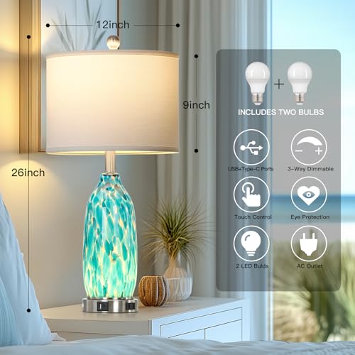 Peacock Green Glass Table Lamps Set of 2 with USB Ports & Night Light - Coastal Nautical Bedside Lamps