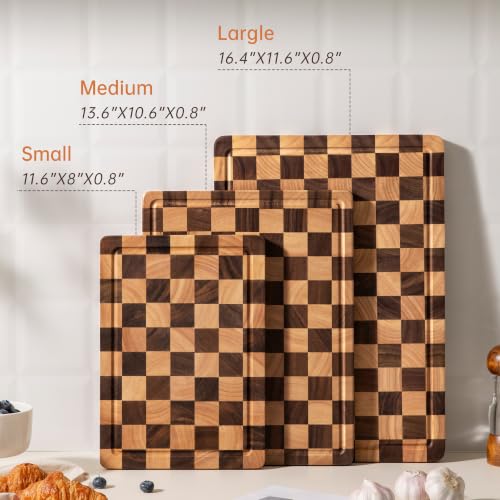 Checkered Walnut Cutting Board Set - 3 Piece Kitchen Prep & Serving Set 17"L x 12"W - Includes Storage Stand
