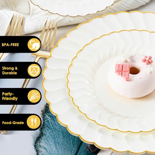 Ivory Scalloped Plastic Plates with Gold Rim - 96pcs Party & Wedding Set - Ivory 96pcs