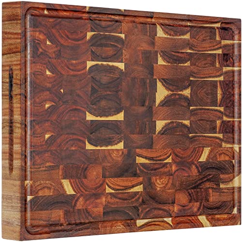Acacia End Grain Wood Cutting Board 20x15x2 Inch - Butcher Block with Handles