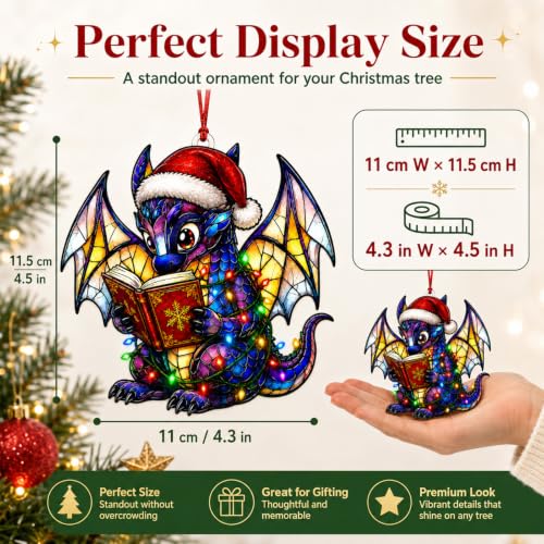 Joyline Christmas Dragon Ornament with Santa Hat - Acrylic Hanging Decor, Book Lover Gift