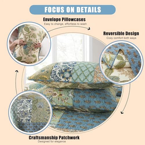 Queen Size Bohemian Floral Cotton Quilt Set with Pillow Shams - Reversible Bedspread for All Seasons, Soft Lightweight Patchwork Bedding by NEWLAKE