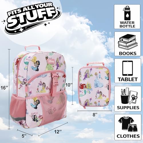Disney Princess Pink AOP Character 16" Backpack & Lunch Box Set with Stainless Steel Water Bottle