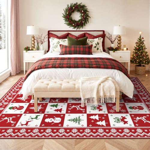 GENIMO 5x7 Checkered Christmas Rug - Holiday Area Carpet for Living Room & Bedroom
