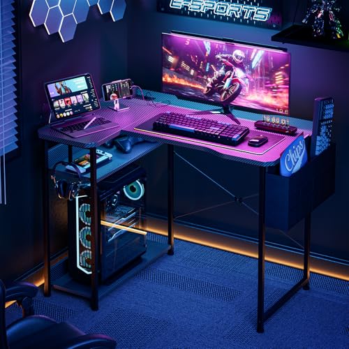 Acrolix 40-Inch L-Shaped Gaming Desk with Power Outlets - Reversible Shelves, Black Carbon