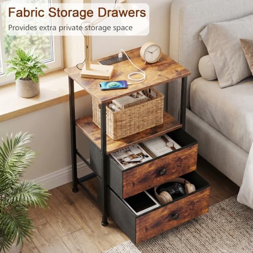 LOAKEKEL Rustic Brown Nightstands Set of 2 with Charging Station - Modern Bedside Tables