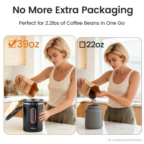 Veken Coffee Canister with Window - 39 oz Large Airtight Stainless Steel Jar - Black