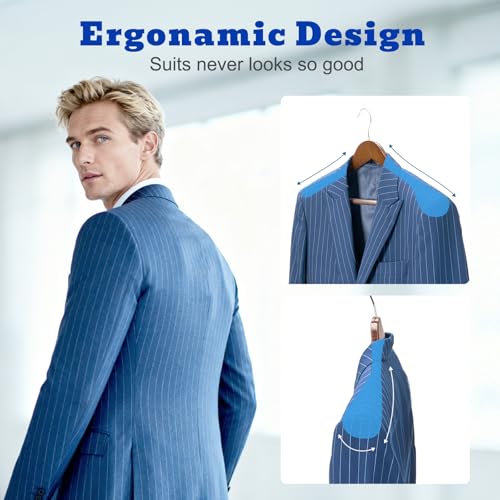 Wide Shoulder Wooden Hangers Set of 12 - Walnut Heavy Duty Suit & Coat Hangers with Non-Slip Pants Bar