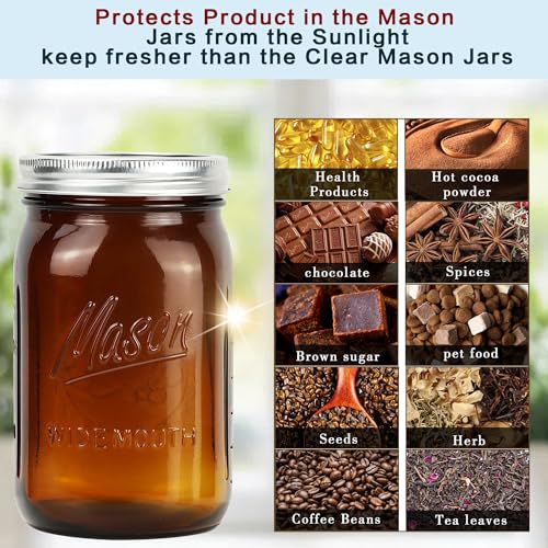 Amber Wide Mouth Mason Jars 32 oz with Metal Airtight Lids - Vintage Food Storage, Canning & Preserving - 12 Pack