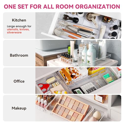 26 Pack Large Clear Drawer Organizer Bins - Versatile Kitchen, Bathroom & Office Storage
