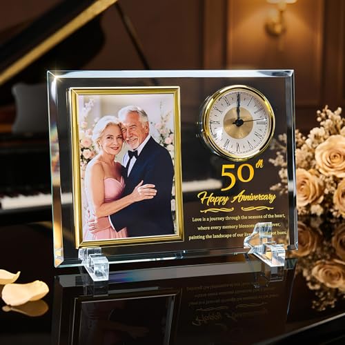 50th Wedding Anniversary Keepsake Crystal Photo Frame with Clock - Golden Gift for Couples, Parents, Grandparents - Holds 4x6 Photo