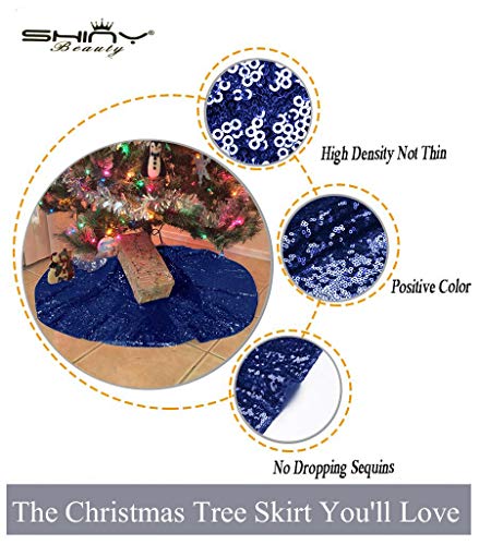 60 Inch Navy Blue Sequin Christmas Tree Skirt - Luxurious Holiday Decor, Easy Setup with Hook & Loop
