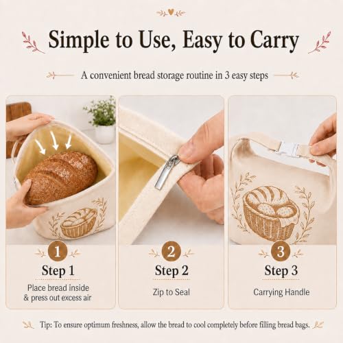Cream Beige Reusable Beeswax Bread Bags Set - XL Cotton Sourdough Storage with Buckle & L-Shaped Zipper