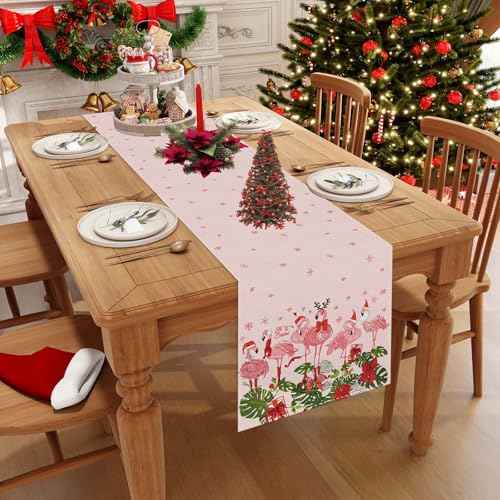 Linen Pink Hawaiian Tropical Flamingo Christmas Table Runner 72 Inches Long Hawaii Beach Christmas Xmas Winter Holiday Home Kitchen Table Decorations
