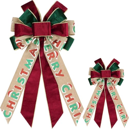 Kutyndrix 2 Pack Merry Christmas Bow Set for Wreaths, Red Green Velvet, Large Holiday Decor