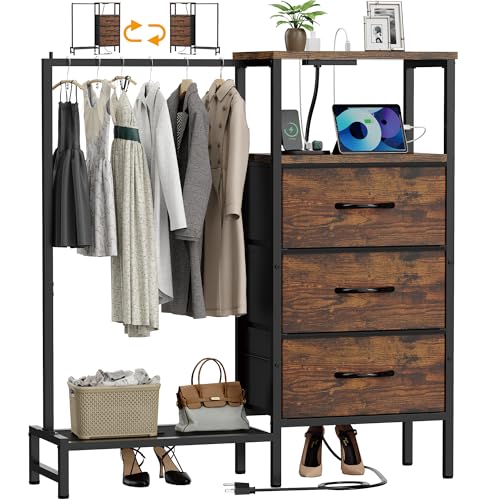 Bedroom Dresser with Hanging Rack and Charging Station - Brown