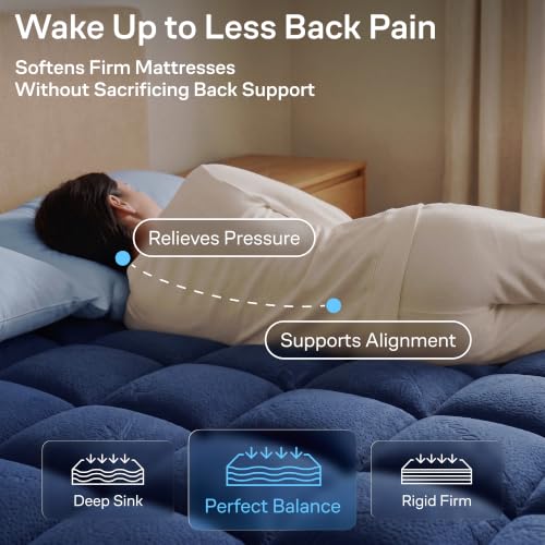 Navy Blue King Mattress Topper - Ultra Soft Bamboo Rayon, Back Pain Relief