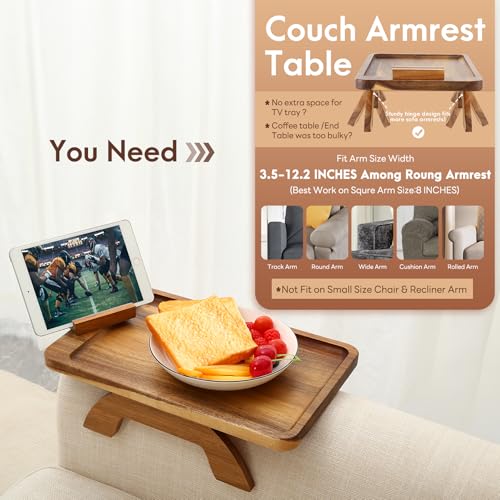 SINWANT Acacia Wood Couch Arm Tray 15.35x9.84 in Clip-On Sofa Table with Phone Holder