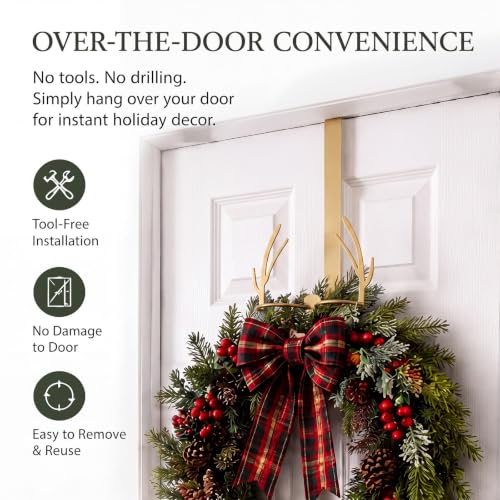 12 Inch Metal Christmas Wreath Hanger with Rustic Antler Design for Front Door