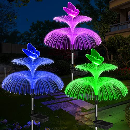 Weepong 3-Pack Solar Garden Lights – 7 Color Jellyfish & Butterfly LED Path Lights