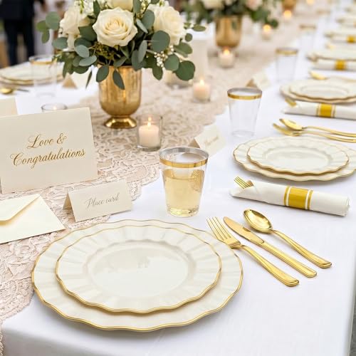 Ivory White Scalloped Plastic Dinnerware Set for 25 Guests - 175 pcs