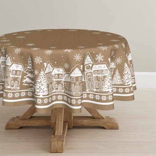 Horaldaily 90-Inch Round Brown Christmas Tablecloth - Washable Holiday Decor