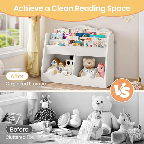Kids Cloud Bookcase & Toy Storage - White Kids Room Organizer with 2 Toy Bins