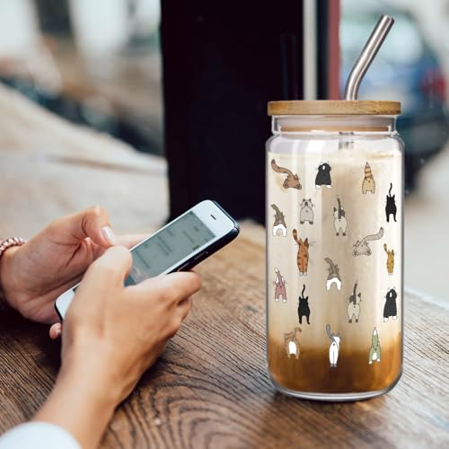 Cat Mom Glass Cup 16oz with Lid & Straw – Cute Cat Themed Gift for Women