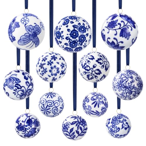 Blue & White Chinoiserie Ceramic Christmas Ornament Balls Set 12 Pcs 2.36in