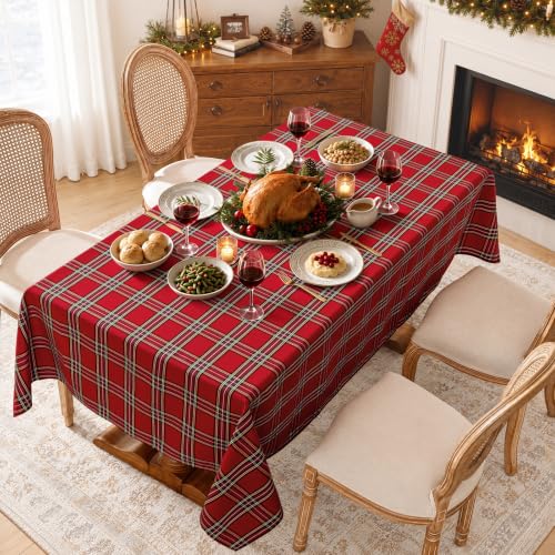 Maymiss Christmas Checkered Tablecloth 52 x 70 Rectangular - Red Tartan Linen Cotton