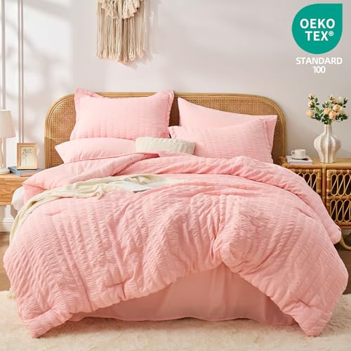 FUANNA Queen Comforter Set 7 Pieces Pink Seersucker Bed in a Bag - Variation 01