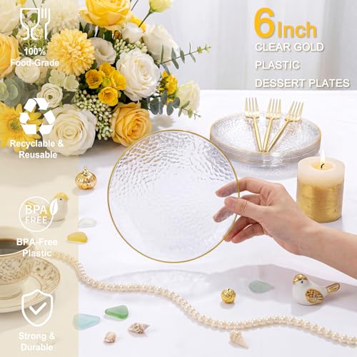Clear Gold Dessert Plates with Forks Set - 6 Inch Hammered Plastic Party Plates & Gold Forks, Elegant Disposable Dinnerware for Weddings & Events