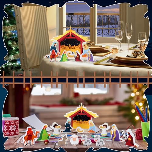 Yuntau 13-Piece Nativity Set – Wooden Stable Christmas Scene Figures