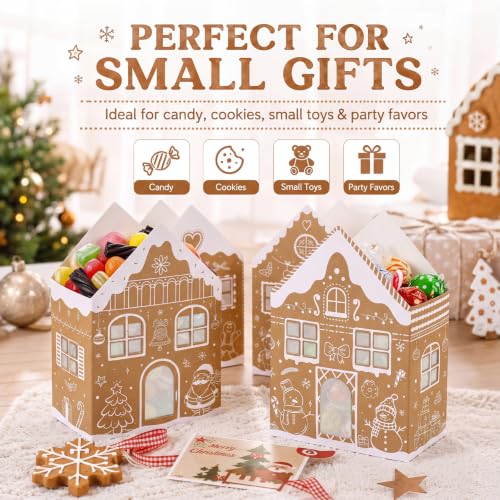 Kolldenn 24 Pcs Christmas Luminary Bags Gingerbread House Designs (4 Styles) White Kraft