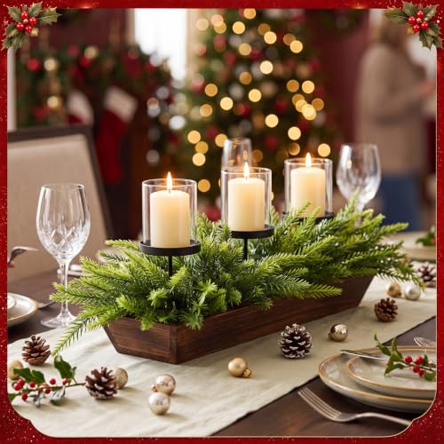 Suttmin Norfolk Pine Stems Christmas Candle Holder Centerpiece with Metal Candle Column, Wooden Base & Glass Covers