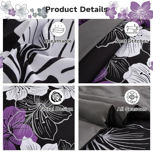 Luxudecor Queen Size Purple & Black Floral Comforter Set - 7 Pieces Bed in a Bag