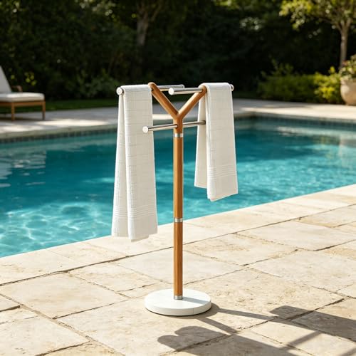 Freestanding Wooden & Stainless Steel Pool Towel Rack - Modern Design, Stable Base, Versatile Placement — Wooden Towel Rack Stainless Steel