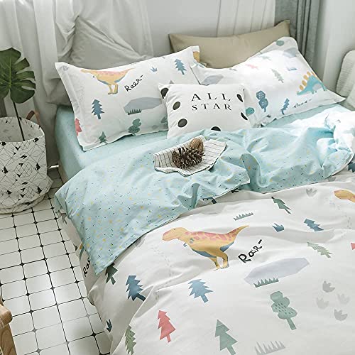 BuLuTu Dinosaur Kids Bedding Sets Twin Cotton,3 Pieces Premium Soft Reversible Dino Forest Print Teen Boys Girls Twin Duvet Cover Set Cotton with Zipper Closure and Ties,NO Comforter