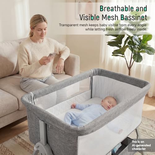 Grey Cowiewie 3-in-1 Baby Bassinet Bedside Crib with Mattress & Wheels