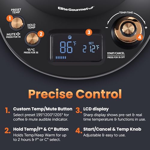 Copper Finish Elite Gourmet 1L Digital Gooseneck Electric Kettle - Cordless & Fast Heating