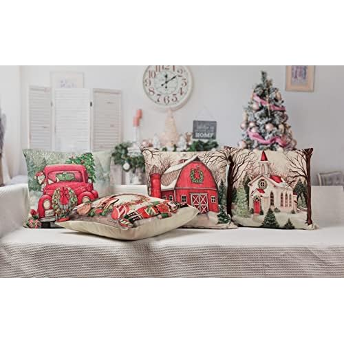 Hlonon Christmas Decorations Christmas Pillow Covers 18 x 18 Inches Set of 4 - Xmas Series Cushion Pillow Cover Custom Zippered Square Pillowcase