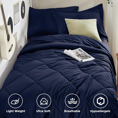 HEVUMYI 5-Piece Twin XL Comforter Set Navy Bed in a Bag - Soft Microfiber Bedding