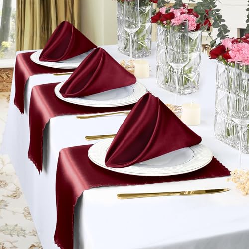 Homiest 12 Pack Baby Blue Satin Napkins 17x17 Inches Dinner Decor, Scalloped Square Silky Elegant Wedding, Smooth Table Cloth Napkins for Restaurant Banquet Graduation Party