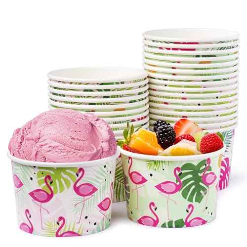 ROYAL BLUEBONNET Flamingo Snack Bowls ? 48 8oz Tropical Snack Cups, with 4 Different Pink & Green Flamingo Hawaiian Palm Leaf Paper Ice Cream Bowls for Luau, Hawaiian Party Decorations for Summer