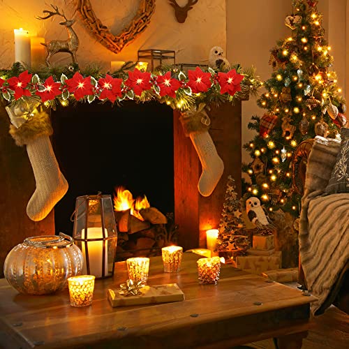 Sggvecsy Christmas Poinsettia Garland 7.1Ft Poinsettia Velvet Artificial Poinsettia Garland String Lights with Red Berries Holly Leaves for Christmas Decorations Mantle Indoor Outdoor Holiday Decor