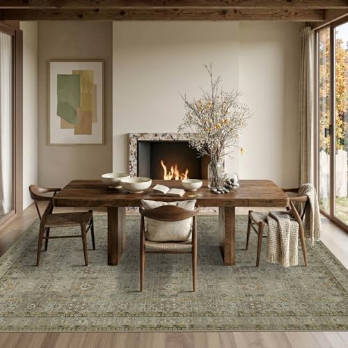 Rugxara 6x9 Olive Green Washable Area Rug Vintage Boho Floral Geometric Pattern