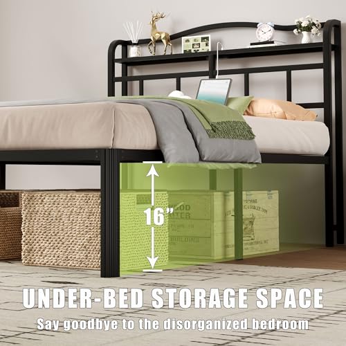 Twin Metal Bed Frame with Headboard & Charging Station - 18 Inch Heavy Duty Platform Bed