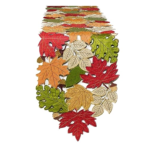 KEVA 13x72 Inch Fall Table Runner with Harvest Maple Leaves Embroidery