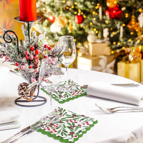 100Pcs Christmas Holly Berry Cocktail Napkins - Disposable Holiday Party Decor